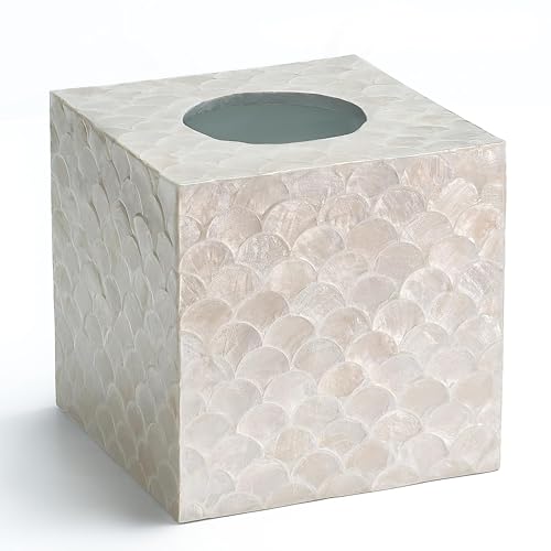 CHI AN HOME 5.5” Capiz Tissue Box Cover, Square Decorative Tissue Holder with Bottom Slider, Handmade Bathroom Accessories, Elegant White Cube for Vanity, Bedroom, Office & Coastal Décor (Natural) - size: Square
