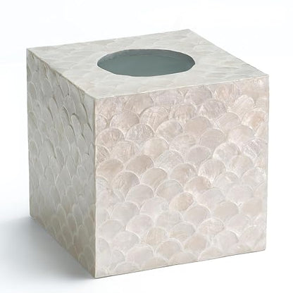 CHI AN HOME 5.5” Capiz Tissue Box Cover, Square Decorative Tissue Holder with Bottom Slider, Handmade Bathroom Accessories, Elegant White Cube for Vanity, Bedroom, Office & Coastal Décor (Natural) - size: Square