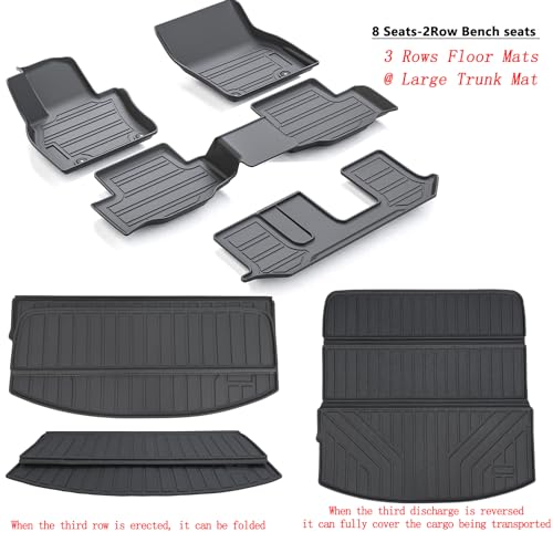 Floor Mats & Trunk mat for 2024 2025 2026 Mazda CX-90 PHEV 8 Seats-2 Row Bench Seat(Not Fit 6&7 Seats) TPE All Weather Protection 3 Rows Car Floor Liners & Cargo Liners for CX90 Accessories - size: 2024 2025 CX90-8 Seats Full Mats
