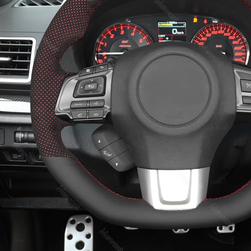 MEWANT Hand Stitched Steering Wheel Cover Wrap for Subaru WRX 2015-2021 / WRX STI 2015-2021 Steering Wheel Accessories - color: Perforated Black Alcantara with Red Layer&Leather