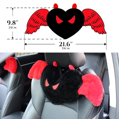 Sexysamba 2 Pcs Heart Shaped Car Headrest Pillow Devil & Angel Wings Neck Pillow Cute Car Seat Decor Neck Support Cushions for Travel Sleeping, Driving, Home, Office, Black Devil