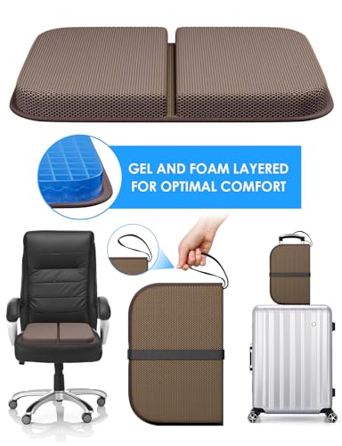 Gel Seat Cushion Portable Massage Travel Cushions, 14.5" x 10.5" Thick Foldable Seat Cushion for Car Office Chair Wheelchair Hip, Coccyx, Sciatica, Pressure Sores Tailbone Pain Relief - size: M-Brown