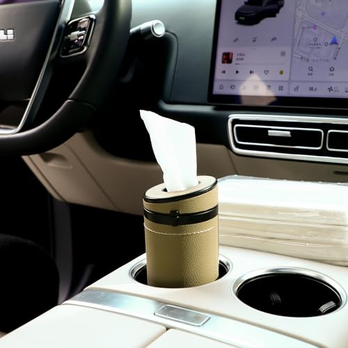 1 Pcs Car Tissues Cylinder Leather Round Container Car Tissues Holder with Tissue Paper with Window Breaker for Vehicle Bathroom Office(Beige) - color: Beige