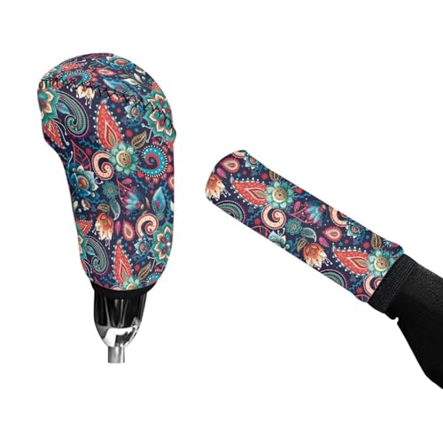 Bulopur Car Shifter Gear Hand Brake Trim Cover Set for Most Cars Van SUV Sedan Truck Auto Accessories - color: Boho Paisley Flower