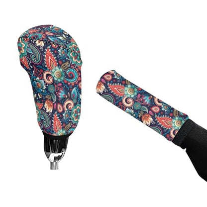 Bulopur Car Shifter Gear Hand Brake Trim Cover Set for Most Cars Van SUV Sedan Truck Auto Accessories - color: Boho Paisley Flower
