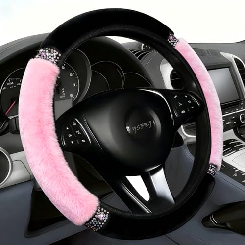Fluffy Steering Wheel Cover, Universal 15 Inch Colorful Rhinestones Car Steering Wheel Cover, Sparkly Crystal Diamond Steering Wheel Protector for Women Girls,Pink - color: Pink
