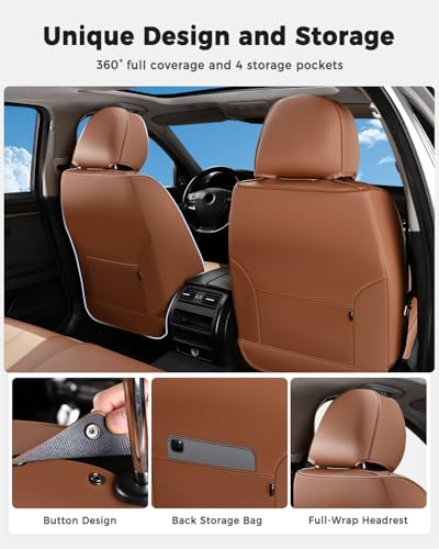 Huidasource Seat Covers Full Set, Universal Fit for Most Cars SUVs Trucks, Full Coverage Leather Seat Cover, Airbag, Cupholder Compatible, Seat Function Retain, Easy Install with Velcro, Brown&Beige - color: FS: Brown&Beige, size: Full Set