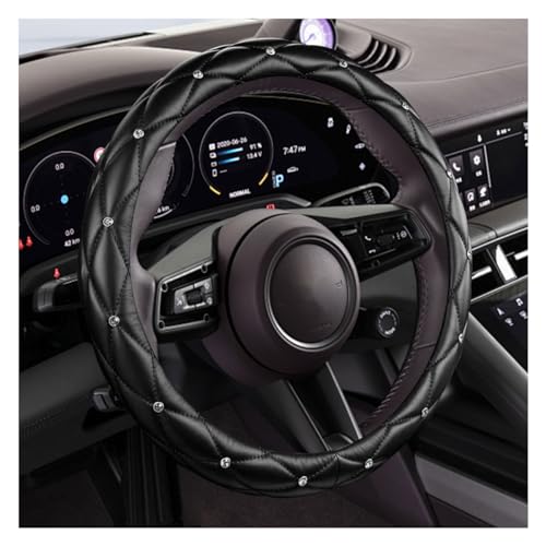 Diamond Soft Leather Bling Steering Wheel Cover, Universal Car Steering Wheel Protector with Crystal Rhinestones, 15 Inch Anti-Slip Interior Accessories for Women, Trucks, SUVs (Black)