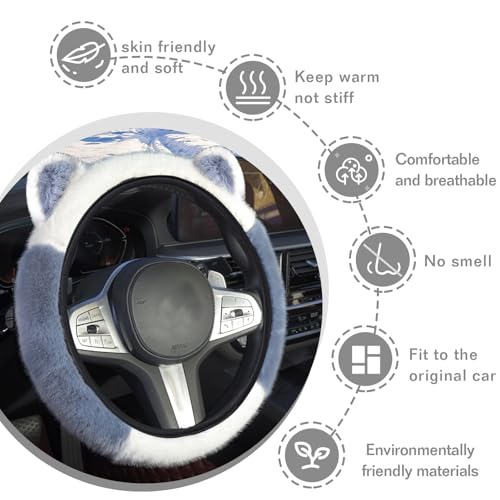 Car Steering Wheel Cover, Cute Steering Wheel Protector with Kitty Cat Ears,Fluffy Soft Plush for Winter Warm, Universal Fit 15 inches for Car,SUV, Elastic & Anti-Slip (Blue/White) - color: Blue/White