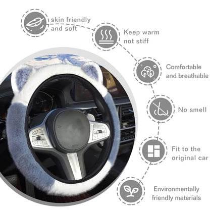 Car Steering Wheel Cover, Cute Steering Wheel Protector with Kitty Cat Ears,Fluffy Soft Plush for Winter Warm, Universal Fit 15 inches for Car,SUV, Elastic & Anti-Slip (Blue/White) - color: Blue/White