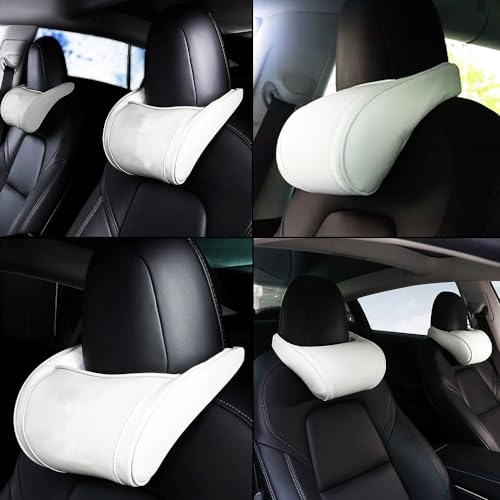 Car Headrest Neck Pillow Support Ergonomic, with Valve Stem Covers Accessory for Driving Seat Fatigue Relief Compatible with Model S X 3 Y & Cybertruck - 2 Pieces - color: B. White Ver. 3