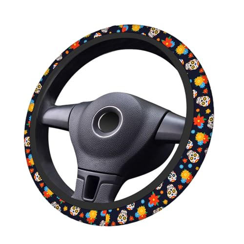 Swono Day of The Dead Sugar Skull Universal Neoprene Steering Wheel Cover Colorful Sugar Skull and Flower 15 Inch Steering Wheel Covers,Printed Steering Wheel Elastic Protection for Women and Girls - color: multi-058