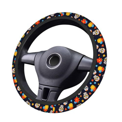 Swono Day of The Dead Sugar Skull Universal Neoprene Steering Wheel Cover Colorful Sugar Skull and Flower 15 Inch Steering Wheel Covers,Printed Steering Wheel Elastic Protection for Women and Girls - color: multi-058