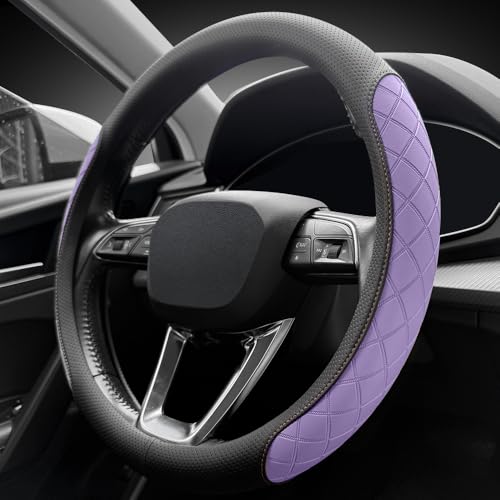 Nappa leather steering wheel cover,elegant diamond checkered design, non-slip wear-resistant, enhance driving comfort, suitable for steering wheel diameter 14 1/2‘-15’ models.Black and purple - color: Black and purple