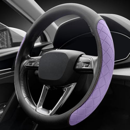 Nappa leather steering wheel cover,elegant diamond checkered design, non-slip wear-resistant, enhance driving comfort, suitable for steering wheel diameter 14 1/2‘-15’ models.Black and purple - color: Black and purple