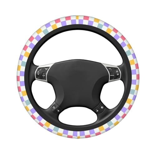 Checkered Steering Wheel Cover for Women,Universal Auto Steering Wheel 14-15 Inch Car Interior Accessories with 2PCS Car Coasters,Suitable for Men and Women - color: Colorful