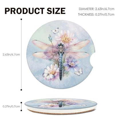 Dragonfly Car Coasters Set of 2 for Cup Holder 2.63" Absorbent Ceramic Cup Coaster Non-Slip Cork Base Drink Coasters with Finger Notch Car Accessories Interior for Women Men