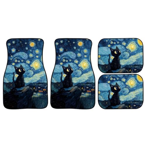 Starry Cat Print Rubber Mats for Car 4 Pcs Auto Front/Back Floor Mats All Weather Car Floor Protection Fit for SUV Vans Sedans Trucks