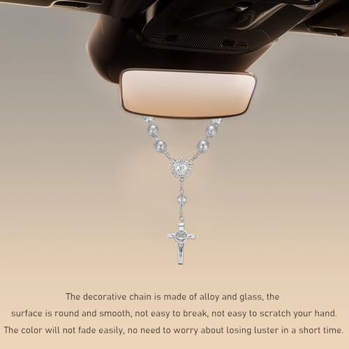Car Rosary for Rearview Mirror, Personalized Rear View Cross Blessing Beads Decor, Auto Rearview Catholic Rosary Hanging Pendant, Car Interior Hanging Accessories (Silver)
