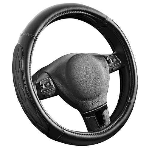PIC AUTO Steering Wheel Cover, Black Thick Rhombic Foam and Premium Leather, Universal 14.5-15.5 Inch Breathable Anti-Slip Steering Wheels Accessories for Men & Women - color: Black