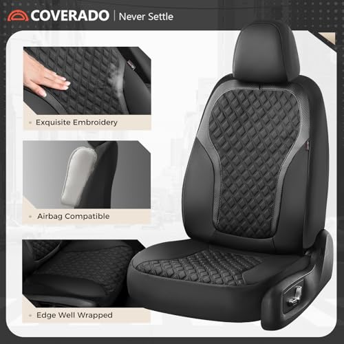 Coverado Seat Covers Full Set, Luxury Leather Car Seat Cover with Carbon Fiber Accents Design, Spill-Proof Durable Black Automotive Seat Covers, Front and Rear Seat Protectors Universal Fit Most Cars - color: Black, size: Full set