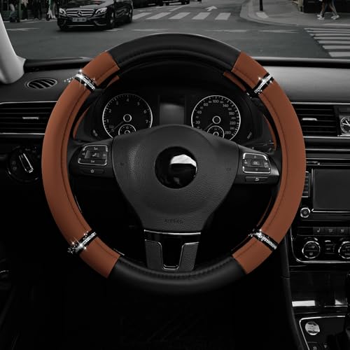 Road Comfort Leather Steering Wheel Cover – Premium Anti-Slip Car Steering Wheel Grip Cover – Universal Fit for 14.5”–15” Cars, Trucks & SUVs - Purple - color: Brown