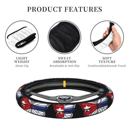 Butterfly Cuban Flag Breathable Neoprene Steering Wheel Cover - Anti-Slip Floral Design Universal Fit for Cars/Trucks/Suvs (14.5"-15" Inch) - color: Butterfly Cuban Flag