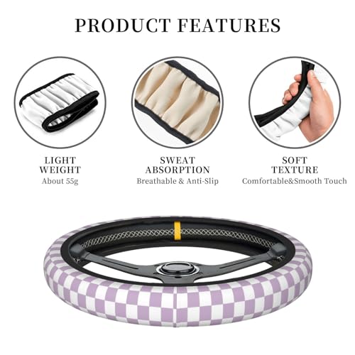 Light Purple Checkered Steering Wheel Cover for Women, Universal Auto Steering Wheel 14-15 Inch Car Interior Accessories with 2PCS Car Coasters, Suitable for Men and Women - color: Light purple