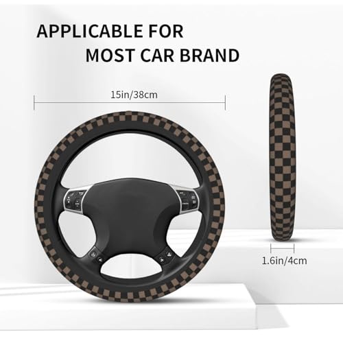 Checkered Black Brown Steering Wheel Cover Black Brown Checkered Steering Wheel Cover Anti-Slip Breathable Universal for 15 Inch Car with 2 Pieces Car Coasters Suitable - color: 1-Checkered Brown