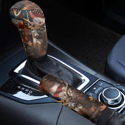 Camo Hunting Deer Car Handbrake Covers with Gear Shift Knob Cover USA Flag Soft Anti-Slip Car Gear Shift Covers and Handbrake Cover Set, Easy to Install - color: Deer Camo Hunting USA Flag