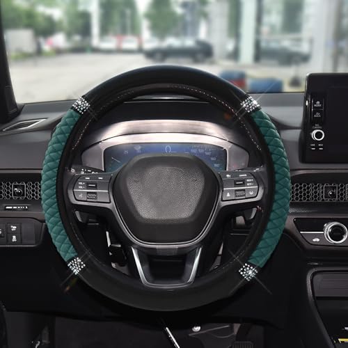 Bling Soft Leather Steering Wheel Cover, 15 Inch Colorful Rhinestones Auto Elastic Steering Wheel Protector for Women Girls, Car Accessories Anti Slip Steering Wheel Cover for Cars, SUVs (Dark Green)