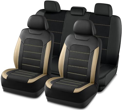 PIC AUTO Car Seat Covers, Premium Leather and Air Mesh Automotive Sports Seat Covers Full Set, Front and Rear Bench, Airbag Compatible Universal Fits Most Cars, SUVs, Trucks and Vans (Black & Beige) - color: Black & Beige, size: Full Set