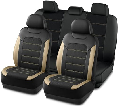 PIC AUTO Car Seat Covers, Premium Leather and Air Mesh Automotive Sports Seat Covers Full Set, Front and Rear Bench, Airbag Compatible Universal Fits Most Cars, SUVs, Trucks and Vans (Black & Beige) - color: Black & Beige, size: Full Set