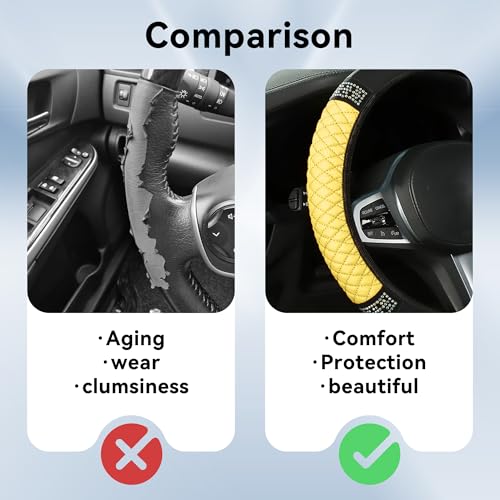 Bling Car Steering Wheel Cover, 15 Inch Rhinestones Soft Leather Elastic Steering Wheel Protector, Universal 15 Inch for Women Girls, Fit Vehicles, Sedans, SUVs, Vans, Trucks (Yellow) - color: Yellow