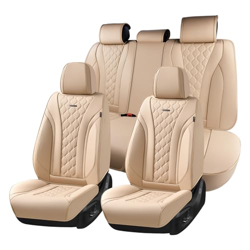 Coverado Car Seat Covers, Leather Seat Covers Full Set, Beige Seat Covers, Perforated Diamond Leather Car Seat Cover, Breathable Car Seat Cushion, Waterproof Car Seat Protector Fit for Most Cars - color: 1-Beige, size: FullSet