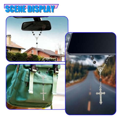 2PCS Rosary Car Rear View Mirror Charm, Personalized Medal and Cross Automotive Interior Pendant, Universal Vehicle Mirror Hanging Ornament Accessories for Women Men(Black)