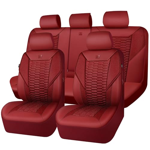 CAR PASS 3D Foam Mesh Leather Seat Covers Full Set, Wine Red Breathable Mesh Faux Leather Seat Covers for Car, Universal Fit for SUVs Vans Sedan Trucks Automotive,Armrest Airbag Compatible, Burgundy - color: All Burgundy, size: Full Set