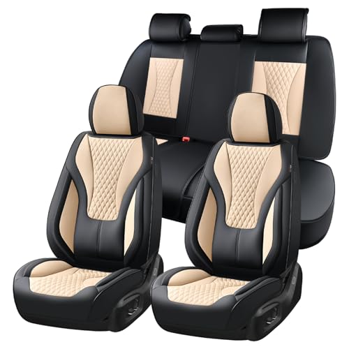 Coverado Waterproof Nappa Leather Car Seat Covers, Automotive Fullset Seat Covers, 5 Seat Car Seat Cushion & Seat Protector, Black&Beige Front and Rear Covers Universal Fit for Most Cars, SUVs, Trucks - color: Black&Beige, size: FullSet