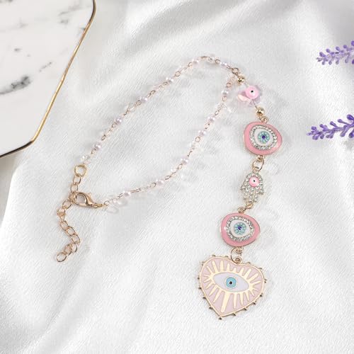 Pink Evil Eye Car Charm - Heart Evileye Rear View Mirror Hanging Ornament for Women, Suncatcher Car Accessory, Aesthetic Beaded Lanyards for Cars Window Balcony Decor - style: Pink Evil Eye