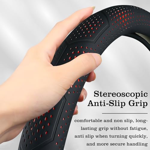 Car Leather Steering Wheel Cover - Panapi Material, Universal 14.5-15 Inch Leather Anti-Slip Breathable Auto Steering Wheel Covers for Men Women (Wave Point-Red) - color: Wave Point-Red