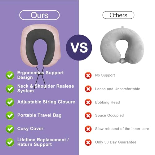 Neck Travel Pillow, Upgraded Memory Foam Pillow for Airplane, Machine Washable, Adjustable Flight Pillow, Suitable for Sleeping Airplane, Car, Office and Home (Pink)