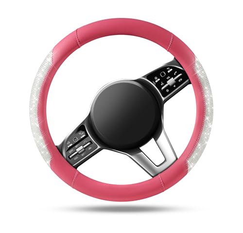 PIC AUTO Steering Wheel Cover, Sparkly Crystal Bling Glitter with Hot Pink Leather, Universal Fit 14.5"-15.5" Car Steering Wheels for Girls & Women, Breathable Anti-Slip Steering Wheels Cover - color: Hot Pink