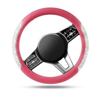 PIC AUTO Steering Wheel Cover, Sparkly Crystal Bling Glitter with Hot Pink Leather, Universal Fit 14.5"-15.5" Car Steering Wheels for Girls & Women, Breathable Anti-Slip Steering Wheels Cover - color: Hot Pink
