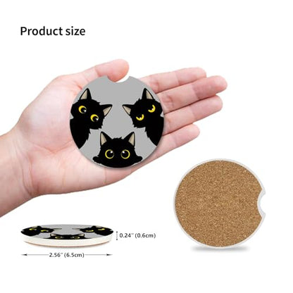 Cute Black Cats Ceramic Cup Holders Car Coasters Set for Women/Men,Drink Cup Car Holder Coasters with A Finger Notch 2.56" Pack of 2. - color: 3 Black Cats