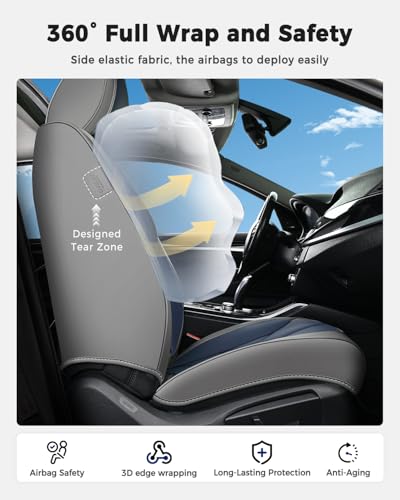 Huidasource Seat Covers Full Set, Universal Fit for Most Cars SUVs Trucks, Full Coverage Leather Seat Cover, Airbag, Cupholder Compatible, Seat Function Retain, Easy Install with Velcro, Gray&Blue - color: FS: Gray&Blue, size: Full Set