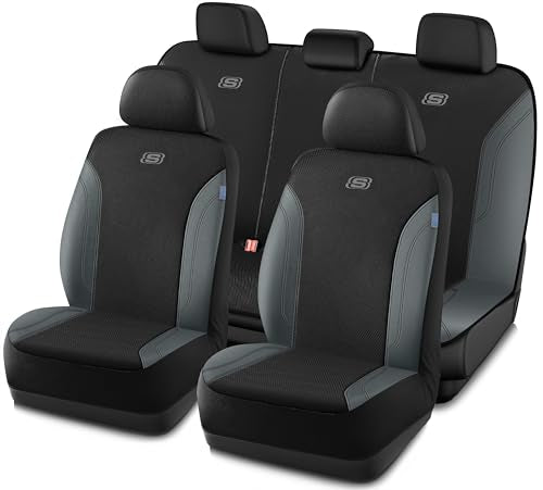 Skechers Car Seat Covers, Work Leather Seat Covers 5-Times Stronger Built-in Webbing, Oxford Fabric Seat Cover Full Sets, Airbag Compatible, Automotive Comfort for Cars, Trucks, SUVs,Grey - color: Black&Grey, size: Full Set