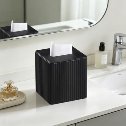 PU Leather Tissue Box Cover Square Tissue Box Holder with Magnetic Closure (Black Fluted) - color: Black Fluted