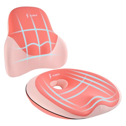 FLORICH Seat Cushion Lumbar Support Pillow for Office Chair, Car Lower Back Support, Ergonomic Desk Chair Pillow for Butt and Back Support of Memory Foam Seat Pad(Pink) - color: Pink, size: 2 piece