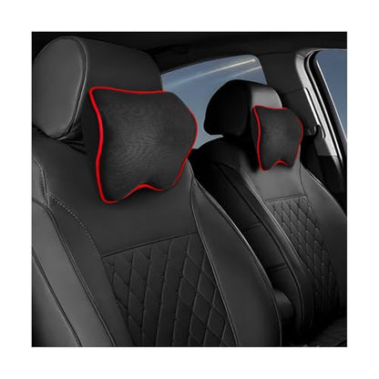 2PCS Car Neck Pillow, Soft Memory Foam Car Seat Neck Support Pillow with Adjustable Strap, Ergonomic Design Removable Headrest Cushion for Neck Pain Fatigue Relief (Black&Red) - color: Black&red