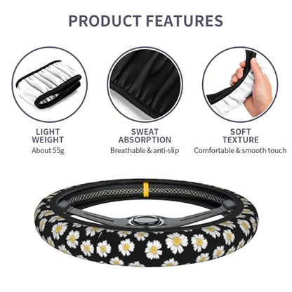 Beautiful Daisy Steering Wheel Cover - Cute White Daisy Steering Wheel Covers Car Cup Holder Pad 2 Pack Accessories Universal 15 Inch Auto Anti-Slip Car Wheel Protector - color: Daisies